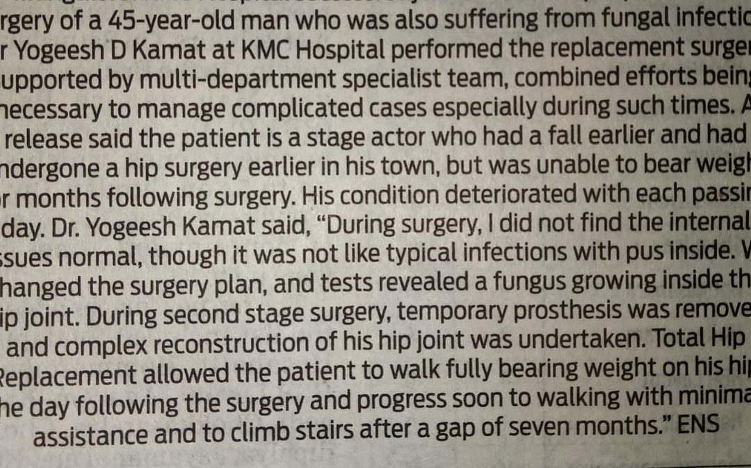 Fungal Infection Hip treated with 2 – stage Hip Replacement amidst COVID