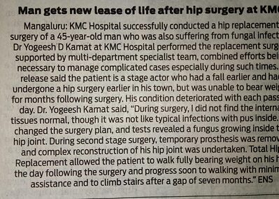 Fungal Infection Hip treated with 2 - stage Hip Replacement amidst COVID